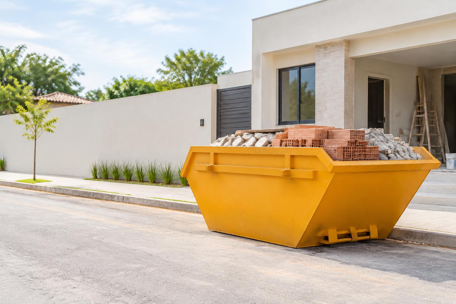 Caçamba de entulho amarela em frente a uma obra residencial
